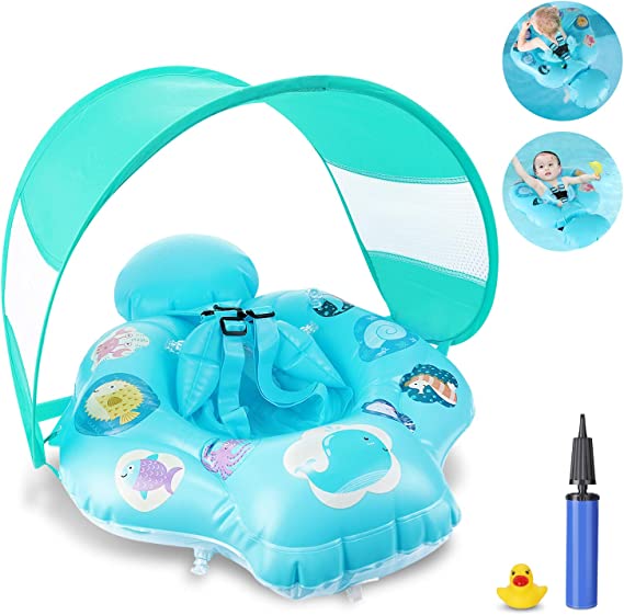 flotador para bebes con sombrilla celeste-turquesa